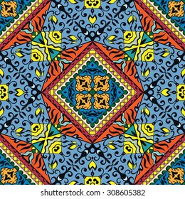 Vector seamless pattern, geometric and floral repeating texture. Tribal ethnic arabic indian ornament. Hand drawn doodle abstract background