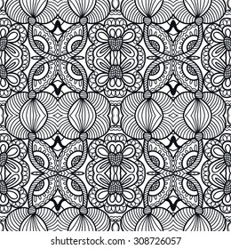 Vector seamless pattern, geometric and floral repeating texture. Tribal ethnic arabic indian ornament. Hand drawn doodle abstract background. Black and white