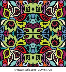 Vector seamless pattern, geometric and floral repeating texture. Tribal ethnic arabic indian ornament. Hand drawn doodle abstract background