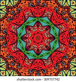 Vector seamless pattern, geometric and floral repeating texture. Tribal ethnic arabic indian ornament. Hand drawn mandala abstract background