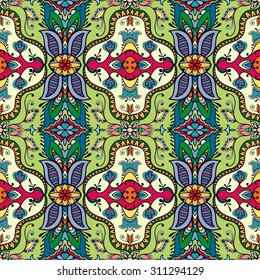 Vector seamless pattern, geometric and floral repeating texture. Tribal ethnic arabic indian ornament. Hand drawn doodle abstract background