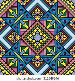 Vector seamless pattern, geometric and floral repeating texture. Tribal ethnic arabic indian ornament. Hand drawn doodle abstract background