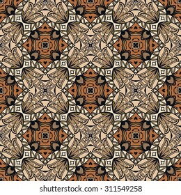 Vector seamless pattern, geometric and floral repeating texture. Tribal ethnic arabic indian ornament. Hand drawn doodle abstract background