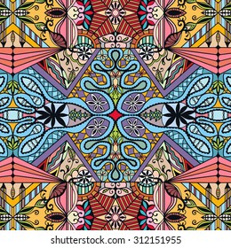 Vector seamless pattern, geometric and floral repeating texture. Tribal ethnic arabic indian ornament. Hand drawn doodle abstract background