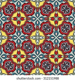 Vector seamless pattern, geometric and floral repeating texture. Tribal ethnic arabic indian ornament. Hand drawn doodle abstract background
