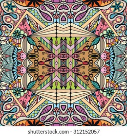 Vector seamless pattern, geometric and floral repeating texture. Tribal ethnic arabic indian ornament. Hand drawn doodle abstract background