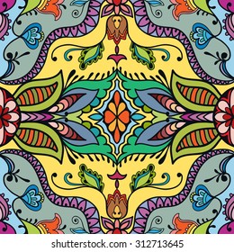 Vector seamless pattern, geometric and floral repeating texture. Tribal ethnic arabic Indian ornament. Hand drawn doodle abstract background
