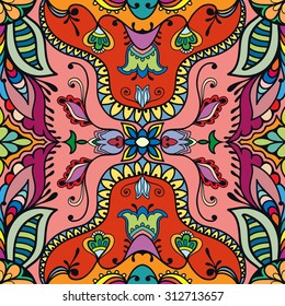Vector seamless pattern, geometric and floral repeating texture. Tribal ethnic arabic Indian ornament. Hand drawn doodle abstract background
