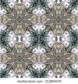 Vector seamless pattern, geometric and floral repeating texture. Tribal ethnic arabic indian ornament. Hand drawn doodle abstract background