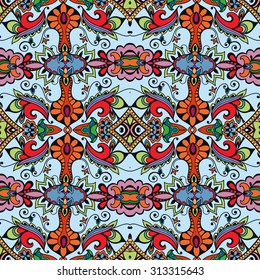 Vector seamless pattern, geometric and floral repeating texture. Tribal ethnic arabic indian ornament. Hand drawn doodle abstract background
