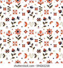 Vector seamless pattern with geometric floral ornament. Surface pattern design with flowers