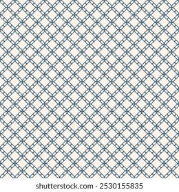 Vector seamless pattern with geometric grid, net, lattice, mesh, perforated structure. Blue and white texture with smooth shapes, floral silhouettes, diamonds. Ornament background. Repeated geo design