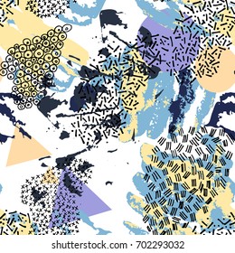 Vector seamless pattern with geometric and hand drawn elements. Memphis style. Acrylic effect.