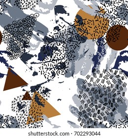 Vector seamless pattern with geometric and hand drawn elements. Memphis style. Acrylic effect.