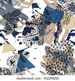 Vector seamless pattern with geometric and hand drawn elements. Memphis style. Acrylic effect.