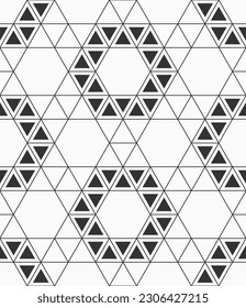 Vector seamless pattern. Geometric linear pattern. Mosaics motif. Polygonal trellis on the base of triangular grid. Hexagons and triangles pattern. Abstract seamless black and white vector background.