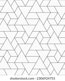 Vector seamless pattern. Geometric linear pattern. Mosaics motif. Polygonal trellis on the base of triangular grid. Hexagopns, rhombuses, triangles seamless black and white vector background.