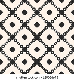 Vector seamless pattern, geometric monochrome texture with simple shapes, circles, chains, diagonal lattice, square grid. Abstract background, repeat tiles. Design for prints, decor, textile, digital