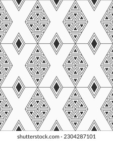 Vector seamless pattern. Geometric pattern. Mosaics motif. Polygonal trellis on the base of triangular grid. Rhombuses and triangles pattern. Abstract seamless black and white vector background.