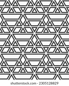 Vector seamless pattern. Geometric pattern. Mosaics motif. Polygonal trellis on the base of triangular grid. Triangles, rhombuses pattern. Abstract seamless black and white vector background.