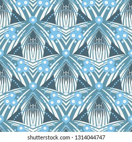 Vector seamless pattern with geometric motif in art deco style. Vintage retro blue background with abstract shapes, circles, triangle, fan and scales motif. Antique decor in golden twenties fashion.