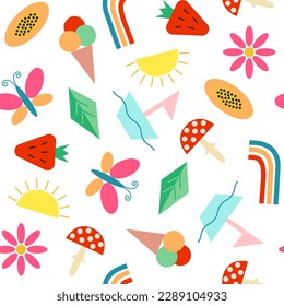 Vector seamless pattern with geometric objects on a summer theme. Children's summer drawing.