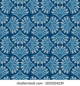 Vector seamless pattern with geometric ornament. Blue repeated texture with hand-drawn geometric shape. Vector print for fabric, wallpaper and wrapping paper.