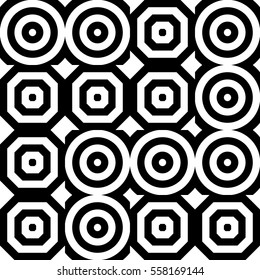 Vector seamless pattern. Geometric ornament, design template with striped black white polygons. Background, texture with figurative geometry. Decoration for card tile web cover fabric print badge