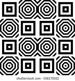Vector seamless pattern. Geometric ornament, design template with striped black white polygons. Background, texture with figurative geometry. Decoration for card tile web cover fabric print badge