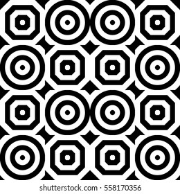 Vector seamless pattern. Geometric ornament, design template with striped black white polygons. Background, texture with figurative geometry. Decoration for card tile web cover fabric print badge