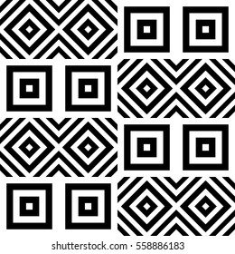 Vector seamless pattern. Geometric ornament, design template with striped black white polygons. Background, texture with figurative geometry. Decoration for card tile web cover fabric print badge