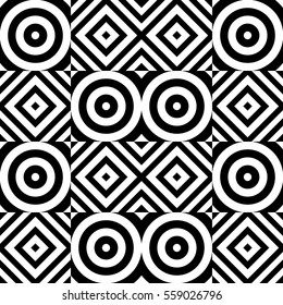 Vector seamless pattern. Geometric ornament, design template with striped black white circles and polygons. Background, texture with op art effect. Decoration for tile web cover fabric print badge