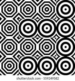 Vector seamless pattern. Geometric ornament, design template with striped black white circles and polygons. Background, texture with op art effect. Decoration for tile web cover fabric print badge