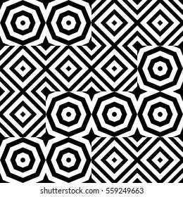 Vector seamless pattern. Geometric ornament, design template with striped black white polygons. Background, texture with figurative geometry. Decoration for card tile web cover fabric print badge