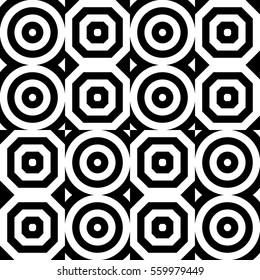 Vector seamless pattern. Geometric ornament, design template with striped black white circles and polygons. Background, texture with figurative geometry. Decor for card tile textile parquet border