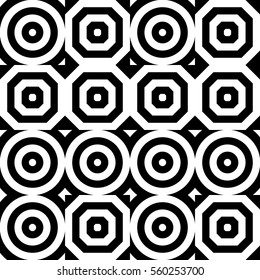 Vector seamless pattern. Geometric ornament, design template with striped black white circles and polygons. Background, texture with figurative geometry. Decor for card tile textile parquet border