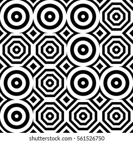 Vector seamless pattern. Geometric ornament, design template with striped black white circles and polygons. Background, texture with figurative geometry. Decor for card tile textile parquet border
