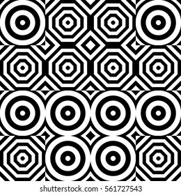 Vector seamless pattern. Geometric ornament, design template with striped black white circles and polygons. Background, texture with op art effect. Decoration for tile web cover fabric print badge