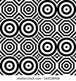 Vector seamless pattern. Geometric ornament, design template with striped black white circles and polygons. Background, texture with op art effect. Decoration for tile web cover fabric print badge