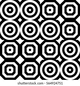 Vector seamless pattern. Geometric ornament, design template with striped black white circles and polygons. Background, texture by tetris composition. Decoration for tile web cover fabric print badge
