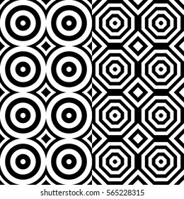 Vector seamless pattern. Geometric ornament, design template with striped black white circles and polygons. Background, texture with op art effect. Decoration for tile web cover fabric print badge