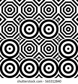 Vector seamless pattern. Geometric ornament, design template with striped black white circles and polygons. Background, texture with figurative geometry. Decor for card tile textile parquet border