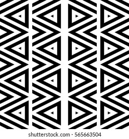 Vector seamless pattern. Geometric ornament, design template with striped black white triangles. Background, texture with figurative geometry. Decoration for card tile web cover fabric print badge