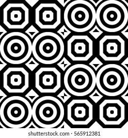 Vector seamless pattern. Geometric ornament, design template with striped black white circles and polygons. Background, texture with op art effect. Decoration for tile web cover fabric print badge