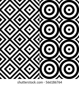 Vector seamless pattern. Geometric ornament, design template with striped black white circles and polygons. Background, texture with op art effect. Decoration for tile web cover fabric print badge