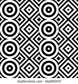 Vector seamless pattern. Geometric ornament, design template with striped black white circles and polygons. Background, texture with figurative geometry. Decor for card tile textile parquet border