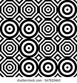 Vector seamless pattern. Geometric ornament, design template with striped black white circles and polygons. Background, texture with figurative geometry. Decor for card tile textile parquet border