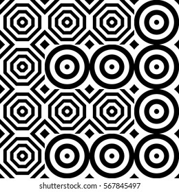 Vector seamless pattern. Geometric ornament, design template with striped black white circles and polygons. Background, texture with op art effect. Decoration for tile web cover fabric print badge