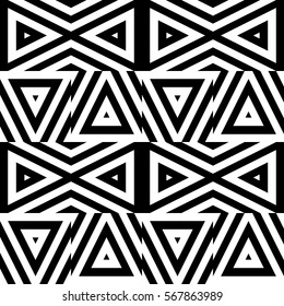 Vector seamless pattern. Geometric ornament, design template with striped black white triangles. Background, texture with figurative geometry. Decoration for card tile web cover fabric print badge