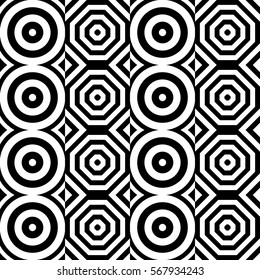 Vector seamless pattern. Geometric ornament, design template with striped black white circles and polygons. Background, texture with figurative geometry. Decor for card tile textile parquet border
